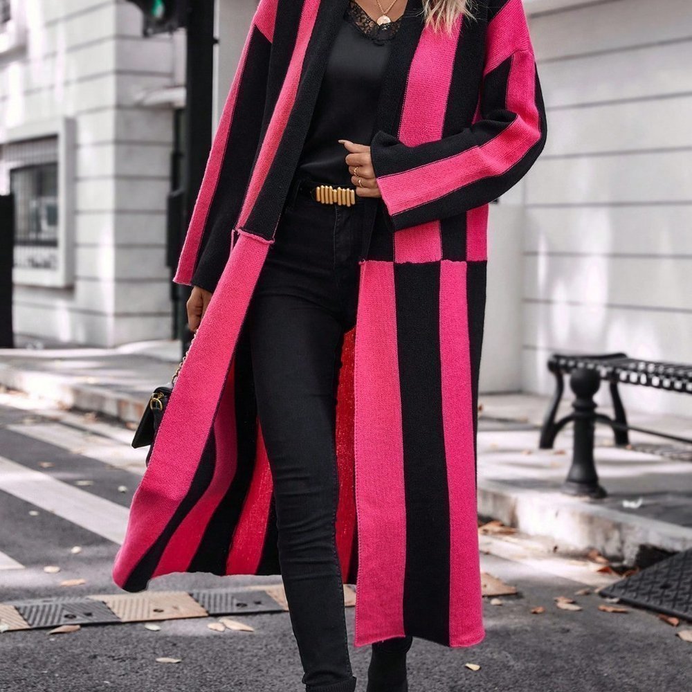 Pink & Black Preppy Womens Two Tone Open Front Longline Cardigan - Picture 5 of 6
